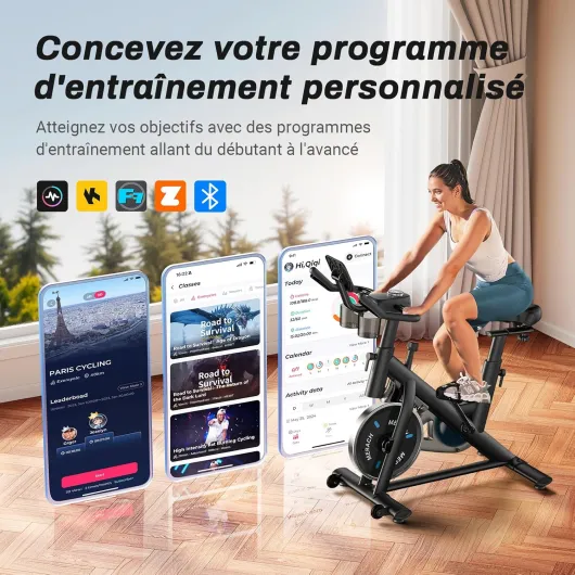 Vélo d'Appartement pour la Maison - Vélo de Fitness d'Intérieur Silencieux avec Résistance Réglable, Écran LCD, Siège Confortable, pour Entraînement Cardio, App Exclusive, Capacité Max 136KG noir-friction