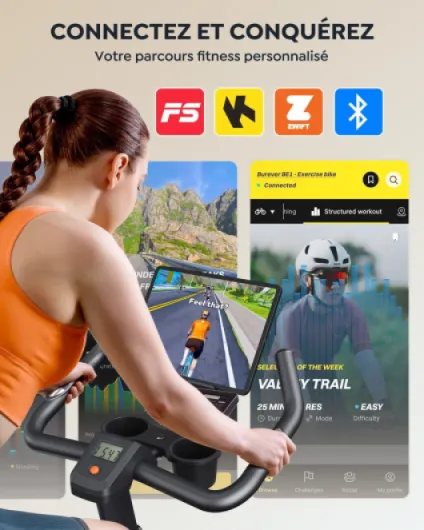 Velo d Appartement Connecté APP, Vélo Appartement Ultra-Silencieux, Conception Ergonomique, Écran LCD avec Fréquence Cardiaque, Résistance Magnétique, Volant d'Inertie de 15 KG, Capacité 160KG Orange