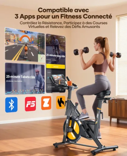 Velo d Appartement, Vélo d'Appartement Silencieux avec Résistance Magnétique Électrique 32 Niveaux, Écran Tactile Haut de Gamme avec App et Capteur Cardiaque, Support Haltères, Capacité 150kg Jaune