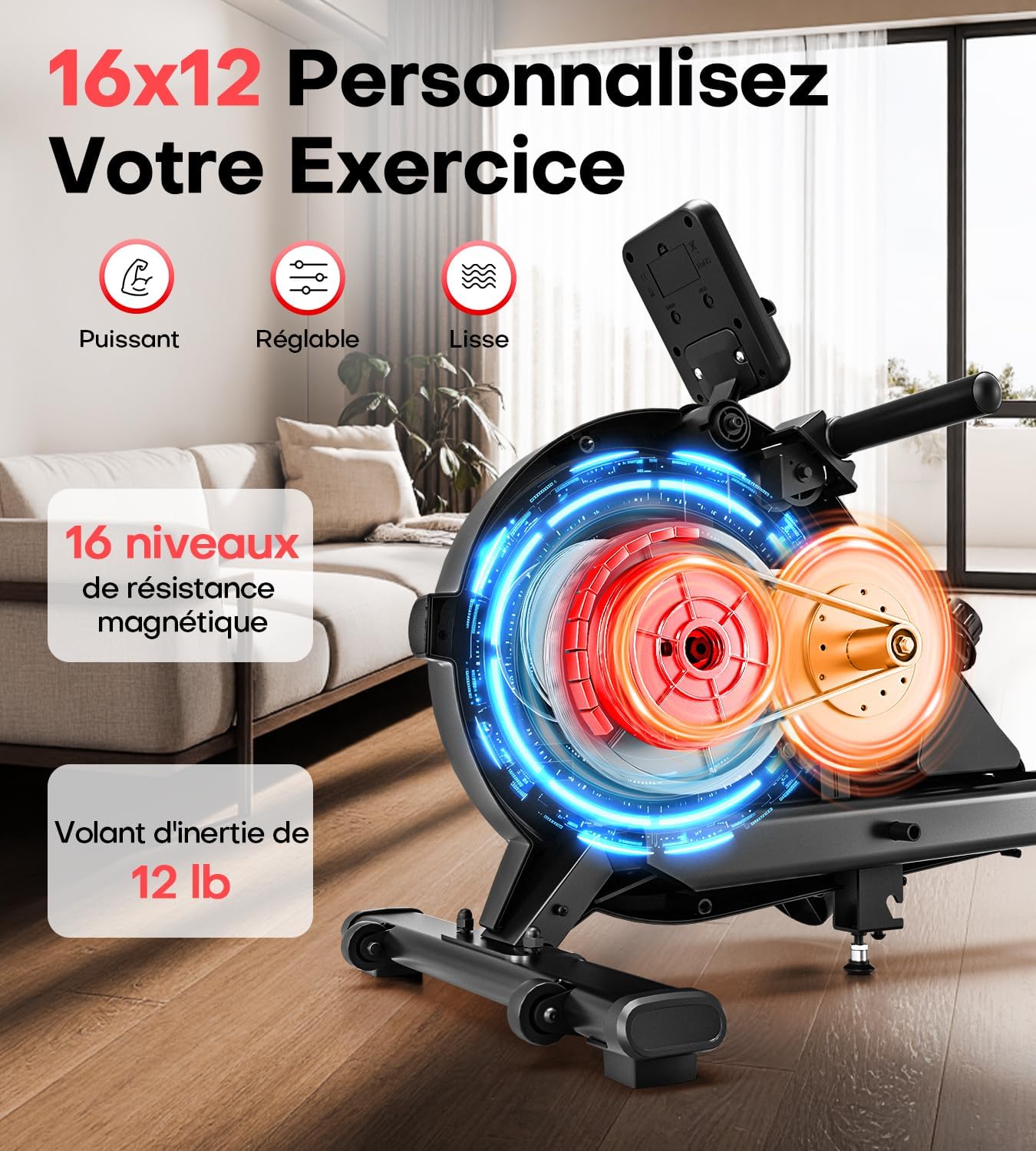 Rameur Musculation D'appartement, MOSUNY 16/32 Niveaux de Résistance Rameur Magnétique, Glissières Doubles améliorées, Ultra Silencieux, App-Compatible, Capacité de Poids jusqu'à 160/180 kg black-01