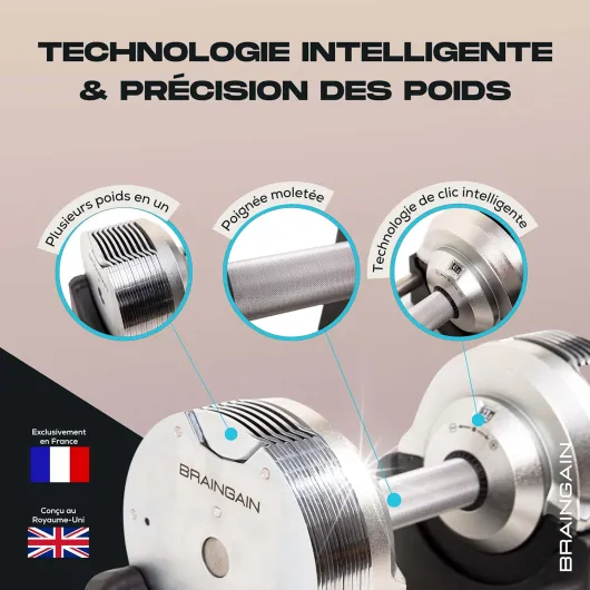 BRAINGAIN Haltères réglables - 23,5kg, 32,5kg, 41,5kg Chrome/Noir - Poids polyvalents pour la musculation à domicile Chrome 2 x 41,5kg
