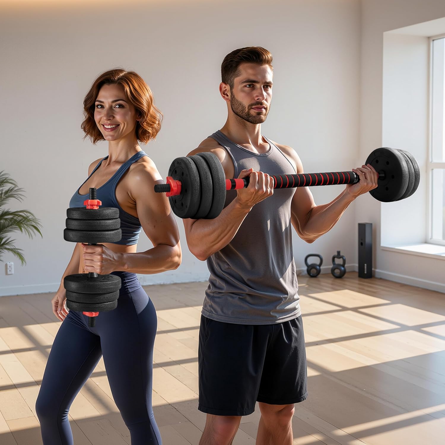 Kit Haltères Musculation 2 en 1 Poids 20 Kg, Haltères Réglables avec Barre et 12 Disques, Colliers à Double Verrouillage, Équipement de Musculation à la Maison, Noir