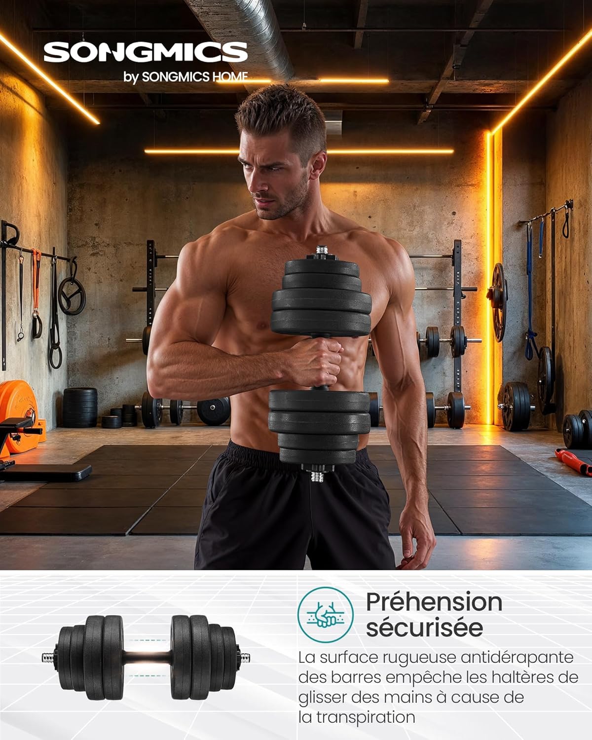 Kit Haltères Musculation, Poids Réglable, Revêtement en Plastique, Fitnesse, Musculation, à la Maison, avec Barre d’Extension Supplémentaire en Acier Ensemble haltères et barre de 30 kg