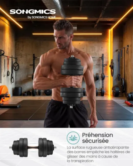 Kit Haltères Musculation, Poids Réglable, Revêtement en Plastique, Fitnesse, Musculation, à la Maison, avec Barre d’Extension Supplémentaire en Acier Ensemble haltères et barre de 30 kg