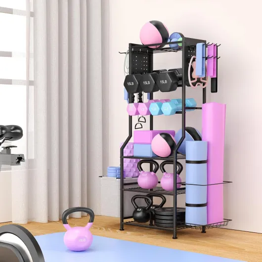 Support d'haltères, rangement de salle de sport à domicile pour kettlebells, tapis de yoga et équipement de musculation, support de poids avec organiseur de panneau perforé, rangement d'équipement de noir