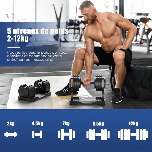 Lot de 2 haltères réglables de 12 kg - 2 à 12 kg - Avec 5 niveaux de poids - Avec disques d'haltères - Haltères courts réglables - Poids variable 5 en 1