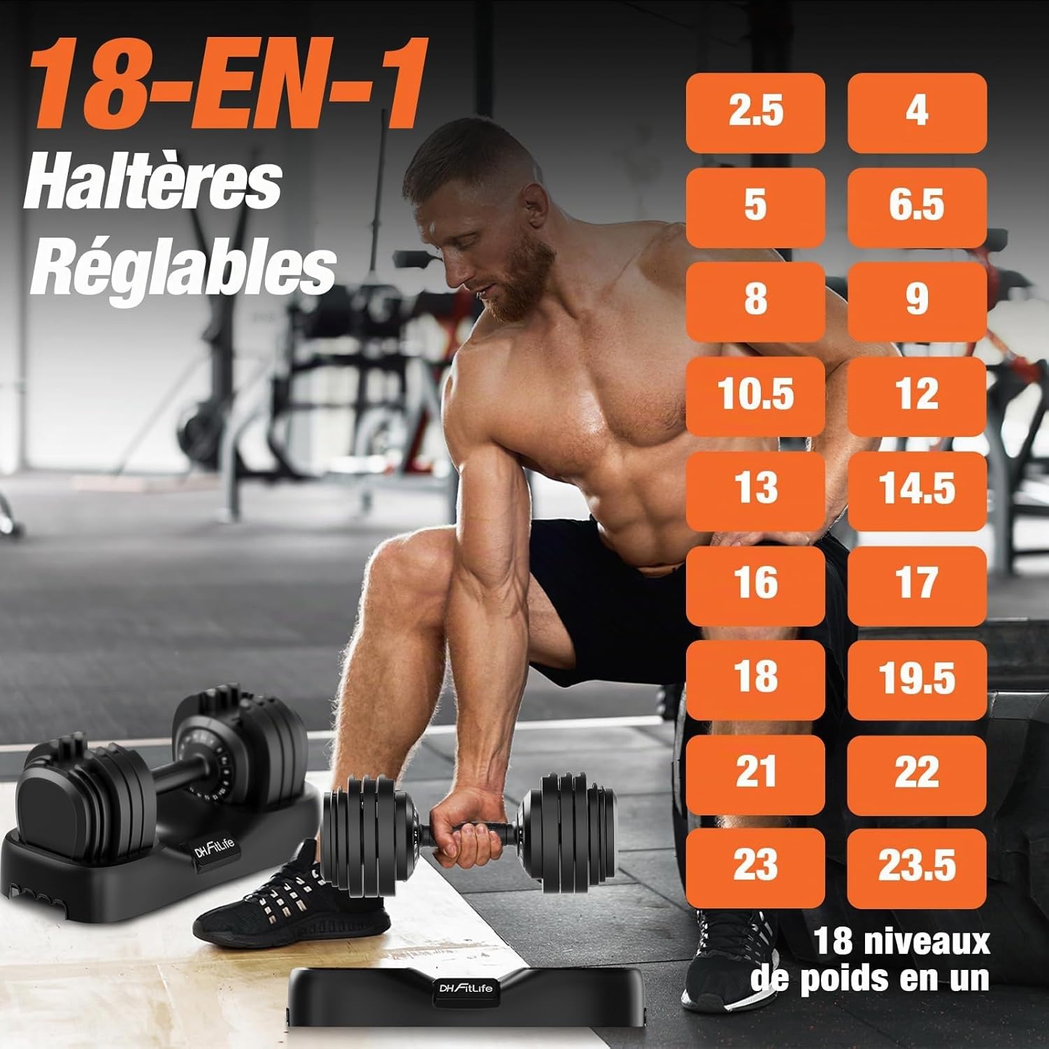 2026 – Nouveau set d’haltères réglables 2,5 à 25 kg, 18 niveaux, avec disques, pour hommes et femmes 25kg x 2