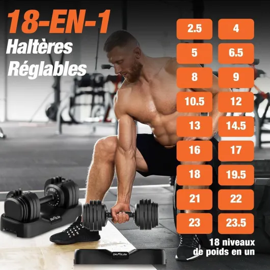 2026 – Nouveau set d’haltères réglables 2,5 à 25 kg, 18 niveaux, avec disques, pour hommes et femmes 25kg x 2