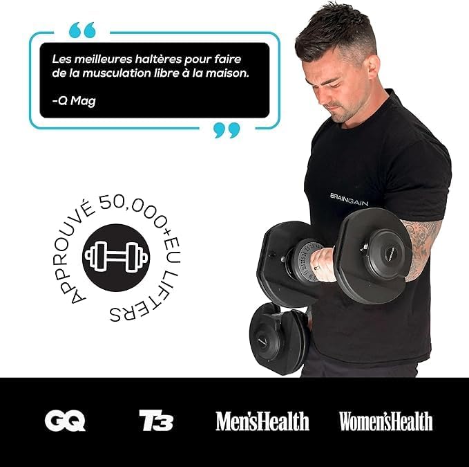 BRAINGAIN haltères réglables Paire - 15 en 1 (24 kg) réglages de poids, technologie Smart-Click pour changements rapides avec système de verrouillage sécurisé, prise antidérapante Noir 24kg Paire