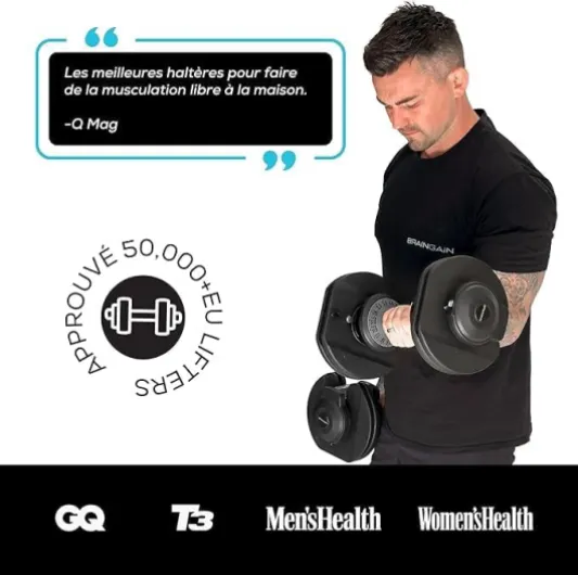 BRAINGAIN haltères réglables Paire - 15 en 1 (24 kg) réglages de poids, technologie Smart-Click pour changements rapides avec système de verrouillage sécurisé, prise antidérapante Noir 24kg Paire