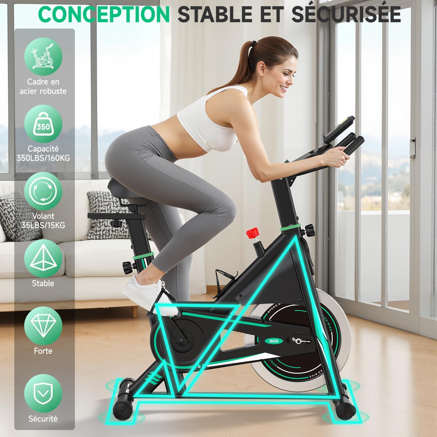 Velo d appartement, Vélo d'appartement Silencieux, 0-100% Résistance Réglable, Vélo d'intérieur pour Entraînement Cardio avec Écran LCD, Support pour Tablette, Siège Confortable, Capacité 160kg Vert