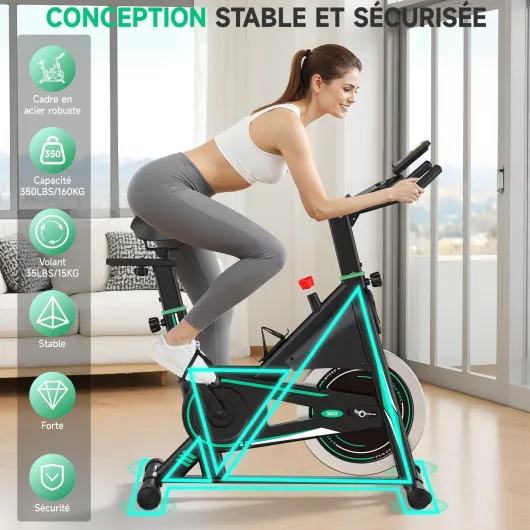 Velo d appartement, Vélo d'appartement Silencieux, 0-100% Résistance Réglable, Vélo d'intérieur pour Entraînement Cardio avec Écran LCD, Support pour Tablette, Siège Confortable, Capacité 160kg Vert