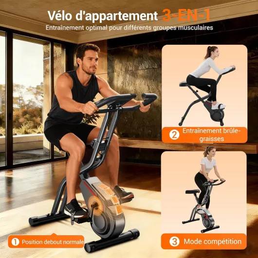 Velo d appartement pliable, 5-en-1 Velo appartement pliable, équipé d'une résistance silencieuse à 16 niveaux - Vélos d'appartement avec surveillance de la fréquence cardiaque et écran LED 3 IN 1 Black